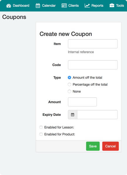Configuring a coupon code from the bookitliLive booking software dashboard