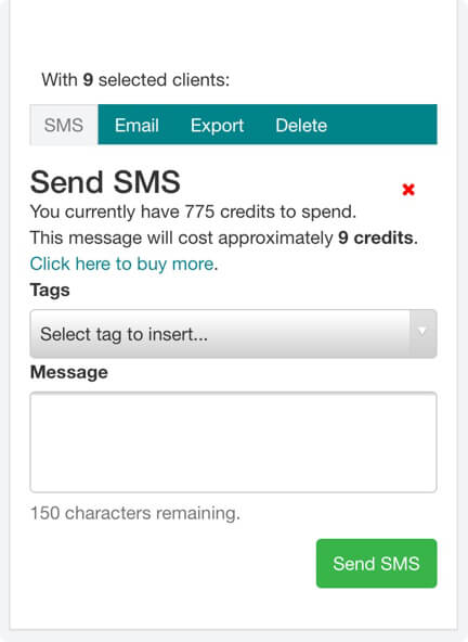 Example of sending an SMS from the booking software dashboard